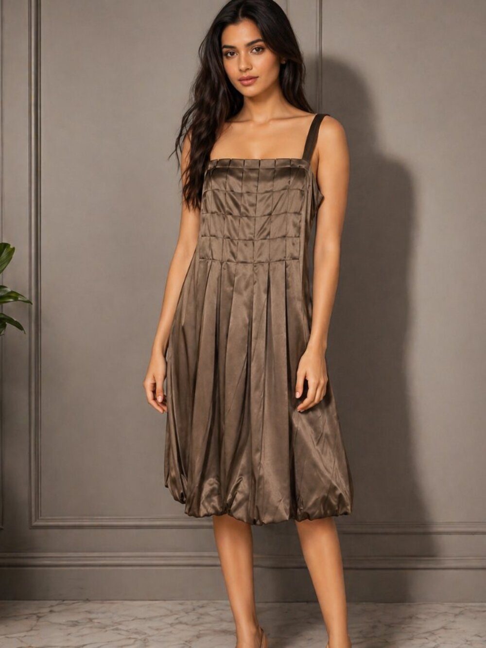 Armani Collezioni Grey Silk Cocktail Dress | Structured Pleated Mini